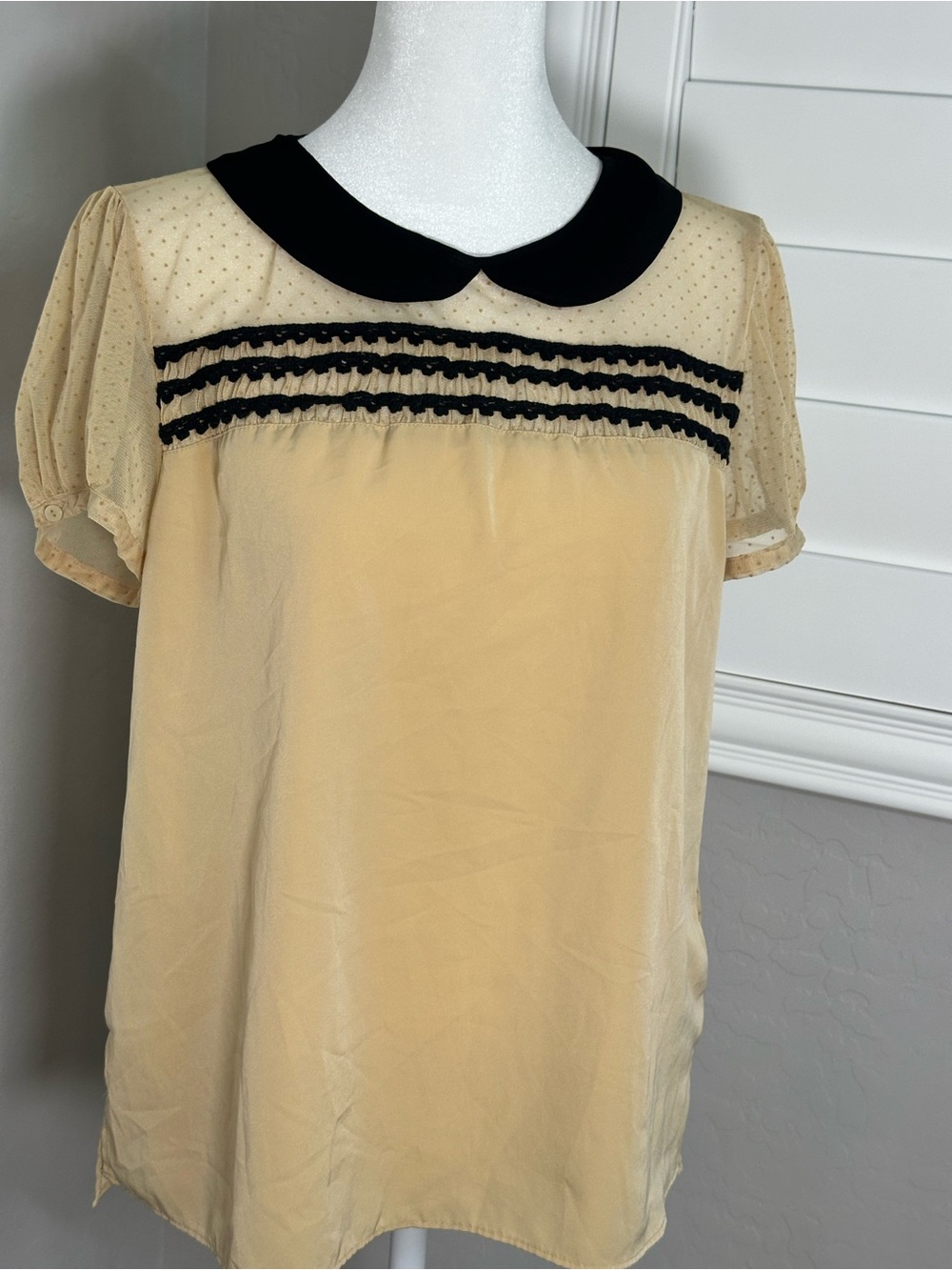 princess vera wang Cream Blouse with Black Peter Pan Collar